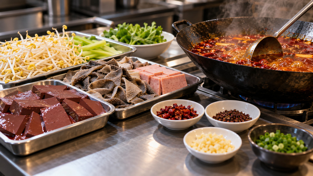 毛血旺试做操作台上摆放鸭血、毛肚、午餐肉、黄豆芽及调好的红汤，展示配菜与汤汁的搭配关系