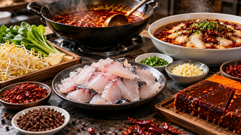 餐饮水煮鱼试做台上摆放鱼片、麻辣红汤、鱼类调料及配菜，用于比较不同底料与鱼肉的搭配效果