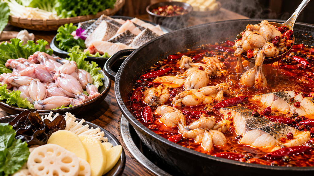 美蛙鱼锅底搭配蛙肉、鱼肉和荤菜食材，展示红油汤汁与不同食材搭配的示意场景