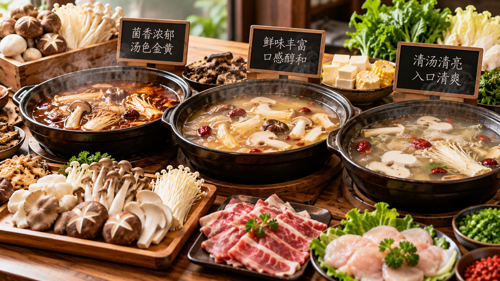 三份不同汤色和浓度的菌汤火锅样品与香菇、白玉菇等食材摆放在试菜台上的示意场景