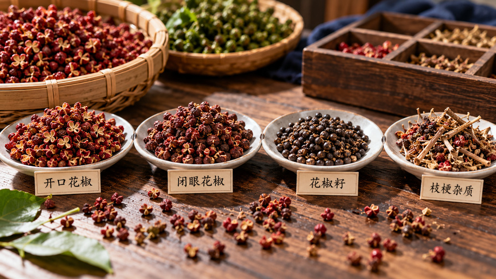 白色瓷盘上分别摆放开口花椒、闭眼花椒、花椒黑籽及少量枝梗杂质的原料对比示意图