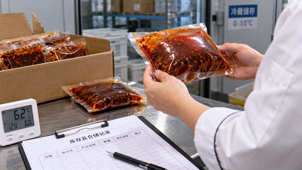 火锅底料包装出现异常鼓包后核对包装状态、产品批次和仓储记录的示意图