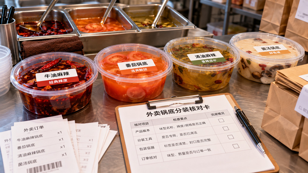 不同味型火锅底料分别装入独立密封容器，旁边摆放味型标签、订单单据和分装核对卡的示意场景