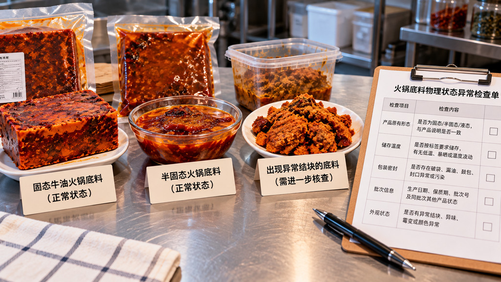 固态牛油火锅底料、半固态底料和出现异常结团的底料状态对照，旁边摆放产品包装与检查记录卡的示意图