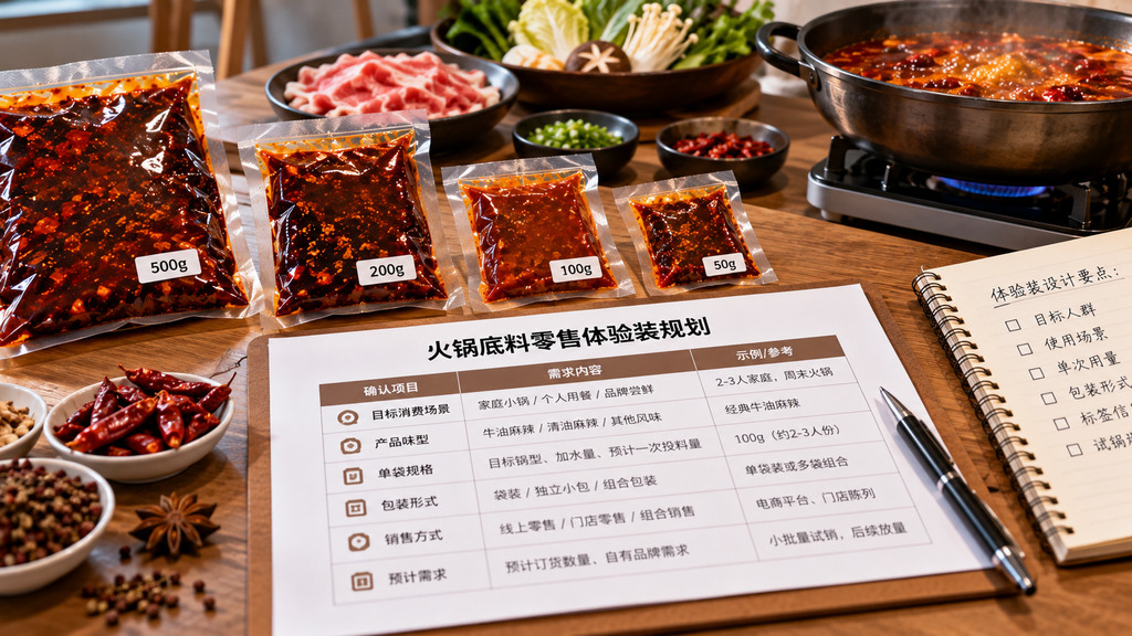 火锅底料小规格体验装规划示意图,展示不同尺寸的独立底料包装、家庭小锅和规格需求记录卡