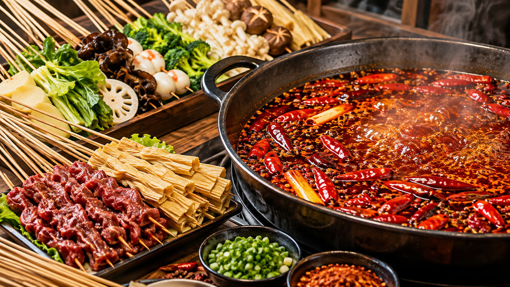 串串香红汤锅中可见红亮油层、辣椒和花椒，旁边摆放牛肉串、豆皮串和蔬菜串的试锅示意场景