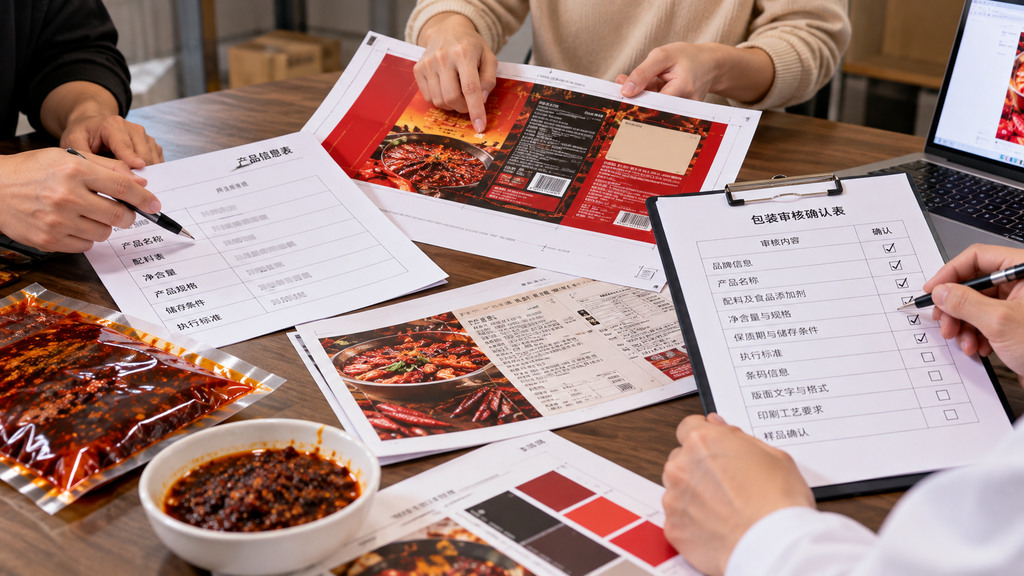 火锅底料贴牌包装审核示意场景，桌面上并排放置产品信息表、彩色包装设计稿、标签校对样张和签字确认清单