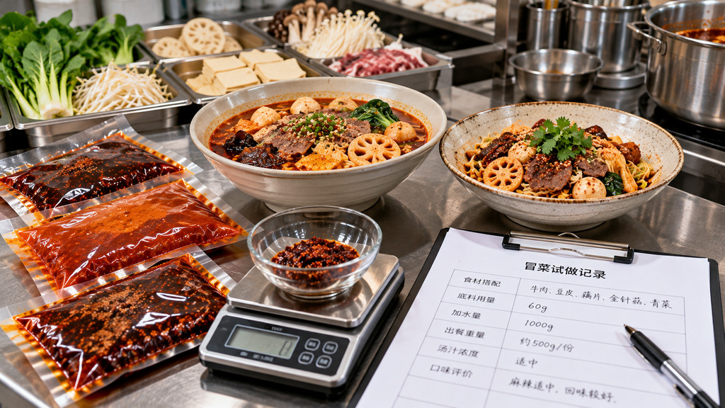 餐饮后厨台面上摆放汤冒菜和干拌冒菜试做成品,旁边有无品牌底料样品袋、电子秤及记录荤素搭配和投料量的试样表