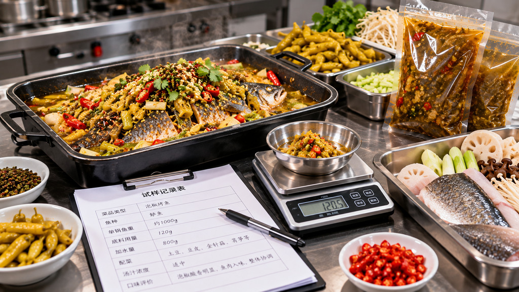 餐饮试菜台上摆放泡椒烤鱼成品、黄绿色泡椒、鱼肉配菜和无品牌底料样品,旁边用电子秤与试样表核对单锅投料量的示意场景