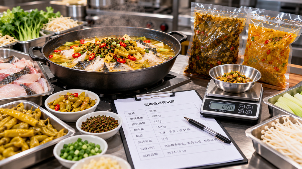 餐饮试菜台上摆放泡椒鱼汤锅、鱼片和泡椒配菜,旁边有无品牌底料样品、称重工具及记录酸香和汤汁表现的试样表