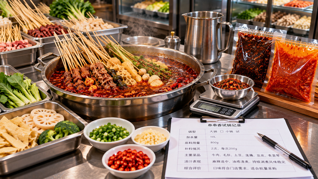串串香门店试锅示意场景，清油红汤锅中涮煮着肉串、豆皮、土豆片和蔬菜，旁边摆放无品牌底料样品、补汤壶及记录锅底用量的表格