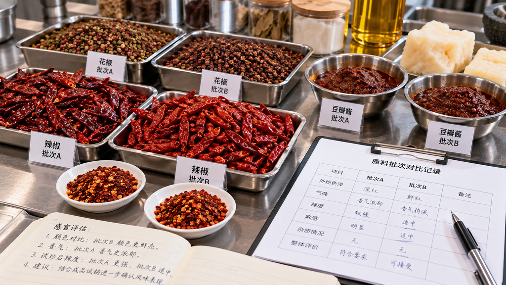食品原料核验示意场景,不锈钢台面上分组摆放不同批次的干辣椒、花椒和豆瓣酱样品,旁边放有原料标签及感官对比记录表