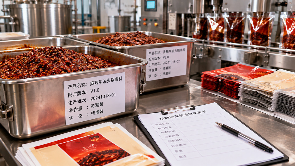 火锅底料炒制后待灌装物料交接示意场景，带批次标识的食品级周转容器旁摆放不同规格包装袋、产品版本卡及交接记录表