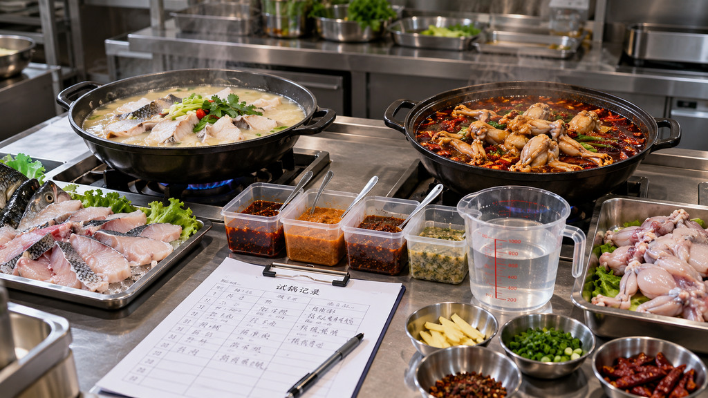餐饮试锅台上分别摆放鱼肉锅和美蛙锅，旁边配有底料样品、量杯及试锅记录表的示意场景