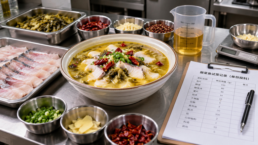 餐饮试菜台上摆放一份酸菜鱼成品、金黄色酸香汤汁、鱼片食材和底料用量记录,展示酸菜鱼试样与单份投料核对的场景