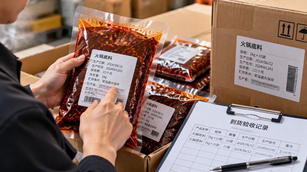 餐饮采购人员对照火锅底料包装上的生产日期、批号与外箱标签核对到货记录的示意场景