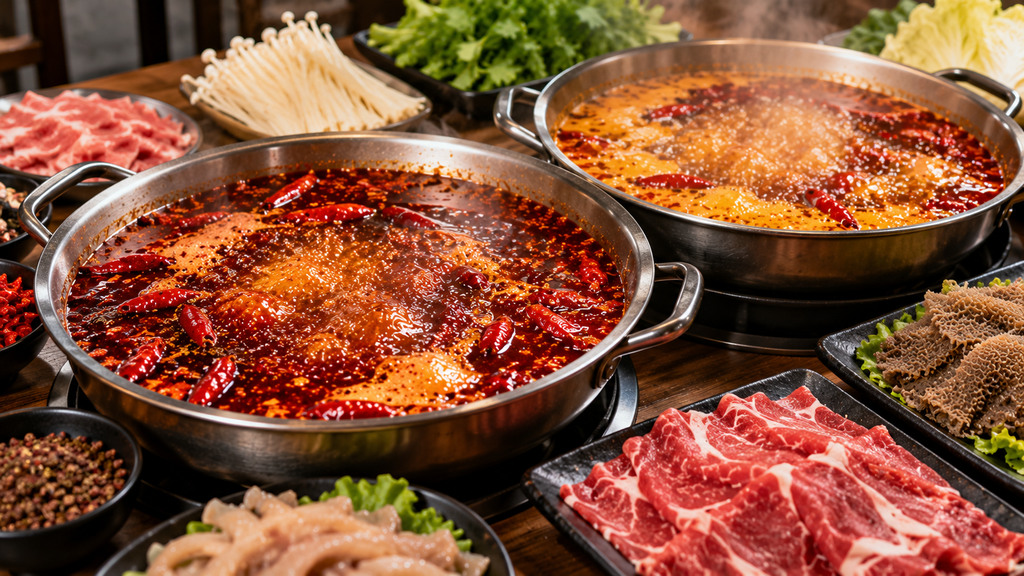 两口不同油脂风格的麻辣火锅底料正在加热，锅边摆放毛肚、牛肉和蔬菜，用于观察汤面油相与涮煮表现的示意场景