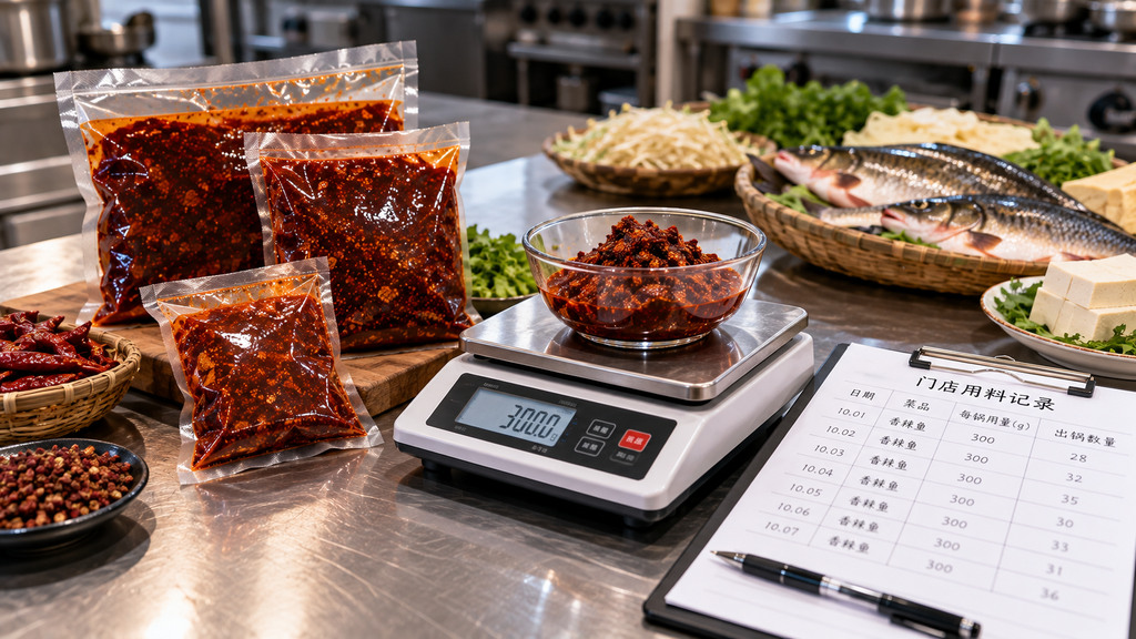 不同规格的香辣鱼底料包装、电子秤和门店用料记录摆放在台面上，用于核对采购数量的示意场景