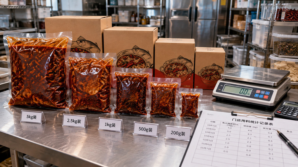 鱼火锅底料不同包装规格摆放在工作台上，旁边有电子秤和门店用料统计记录的示意场景