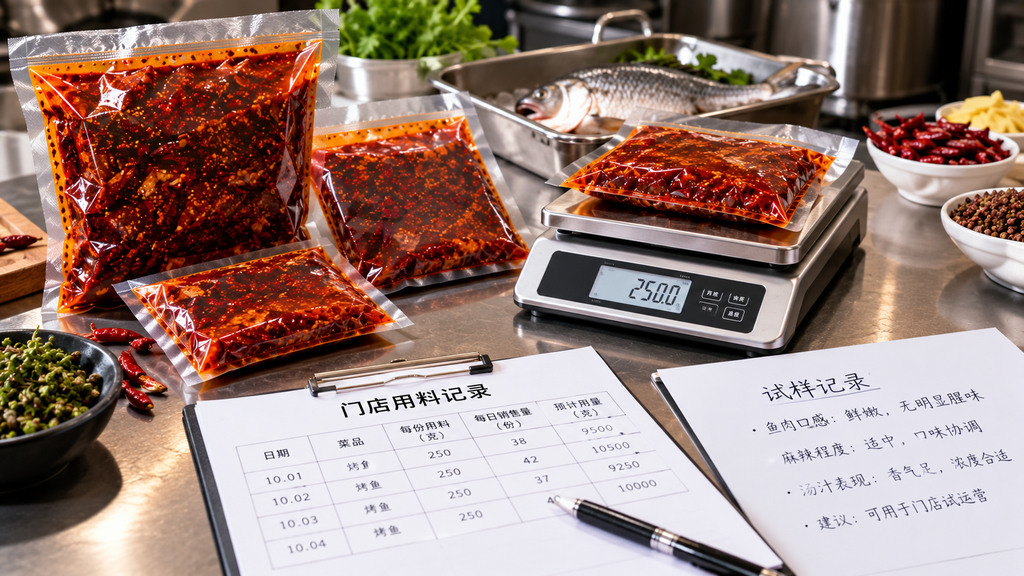 不同容量的麻辣烤鱼底料包装摆放在不锈钢工作台上,旁边配有电子秤和单份烤鱼用料记录的示意场景