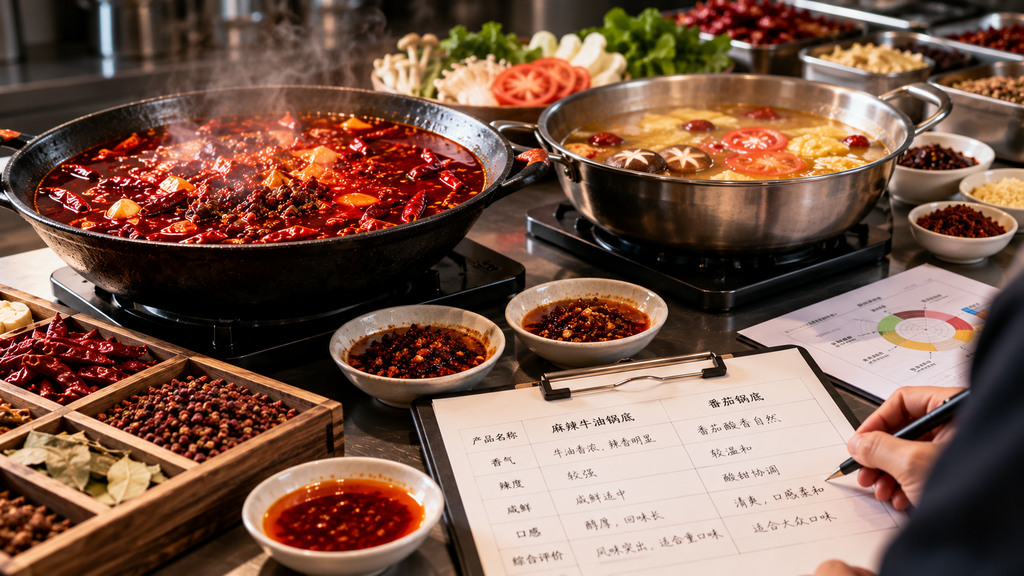 工作台上摆放传统牛油红汤与不同香型火锅底料试样,两种锅底分别盛放在小锅中,旁边有风味评价记录的示意场景