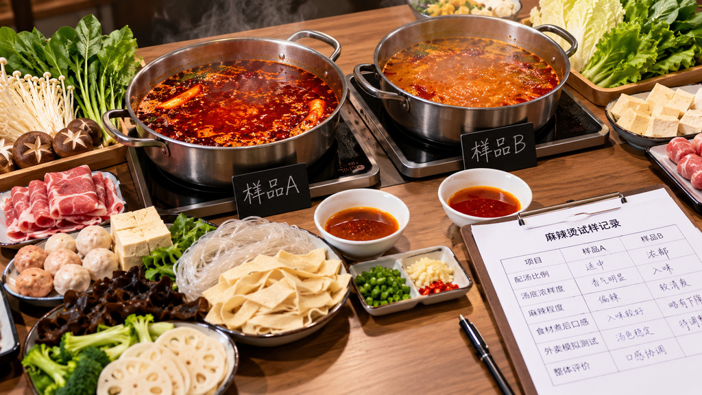 麻辣烫试样对比场景,两组汤底分别搭配粉条、豆皮、菌菇和蔬菜,旁边放有配汤用量记录表