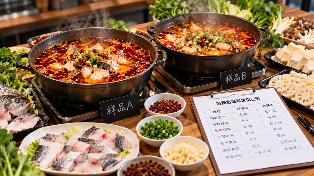 麻辣鱼底料试锅对比示意场景，两锅麻辣鱼汤分别搭配鱼块与豆腐、菌菇等配菜，用于观察鱼肉入味和汤汁变化