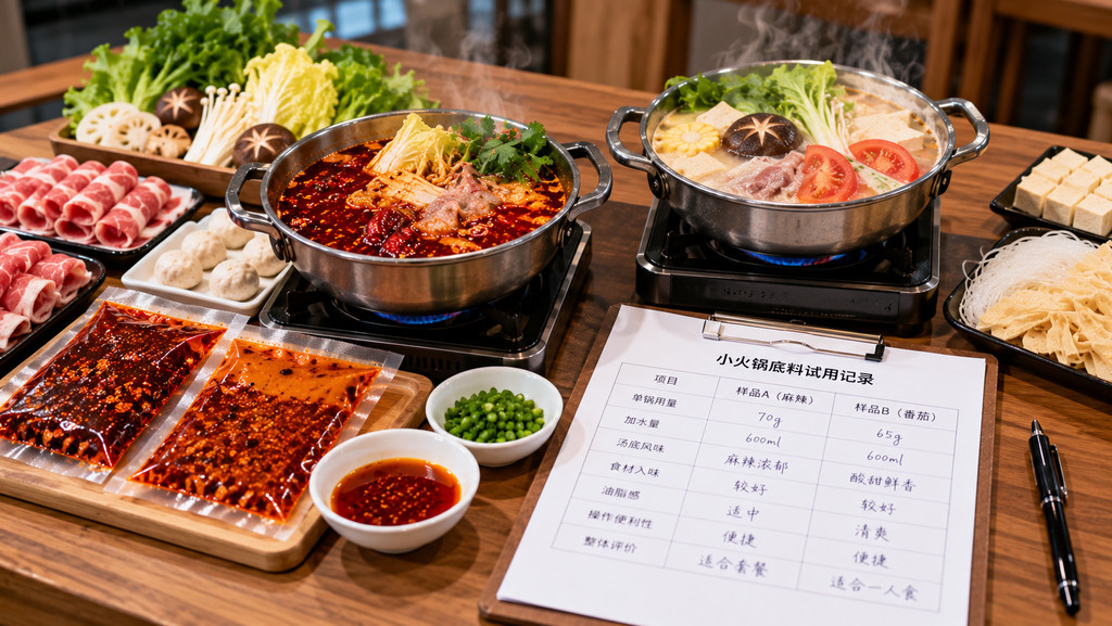 小火锅底料试用示意场景,两只不同味型的单人小火锅搭配肥牛、豆腐、菌菇和蔬菜,旁边摆放定量底料与小锅配汤记录