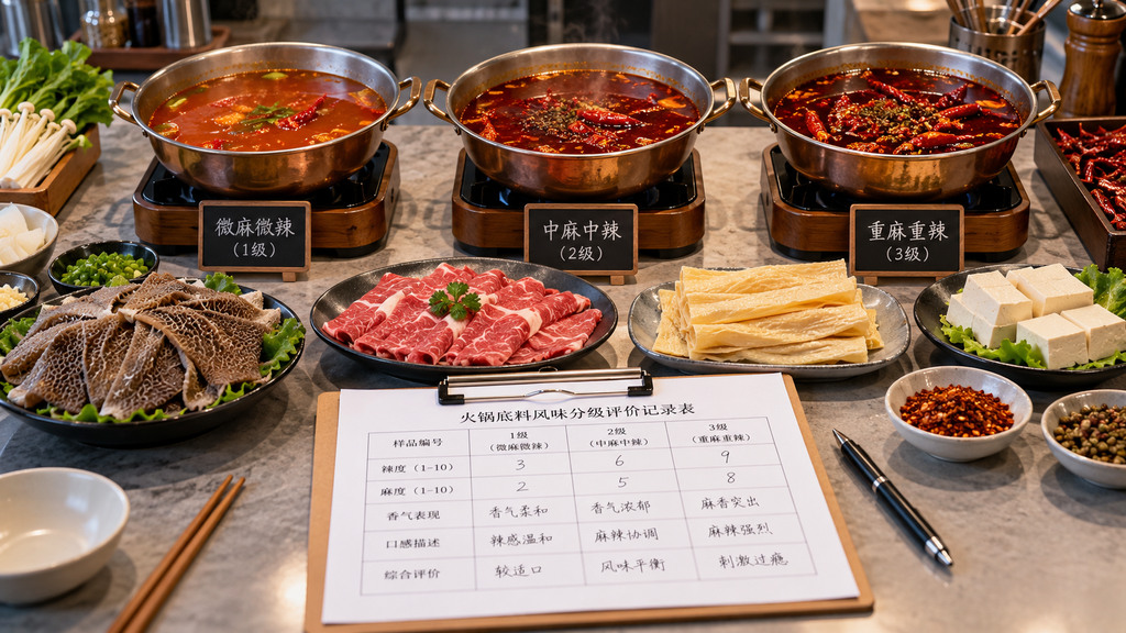 火锅底料风味分级试样示意场景,三只小型火锅分别盛放不同麻辣程度的红汤锅底,旁边摆放毛肚、牛肉、豆制品和麻辣度评价记录表