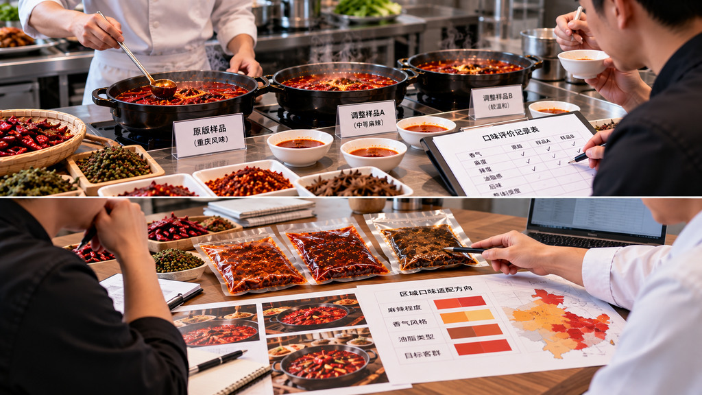 餐饮品牌负责人和产品研发人员在会议桌上核对不同版本的火锅底料样品、无品牌包装袋、产品规格资料及门店使用记录