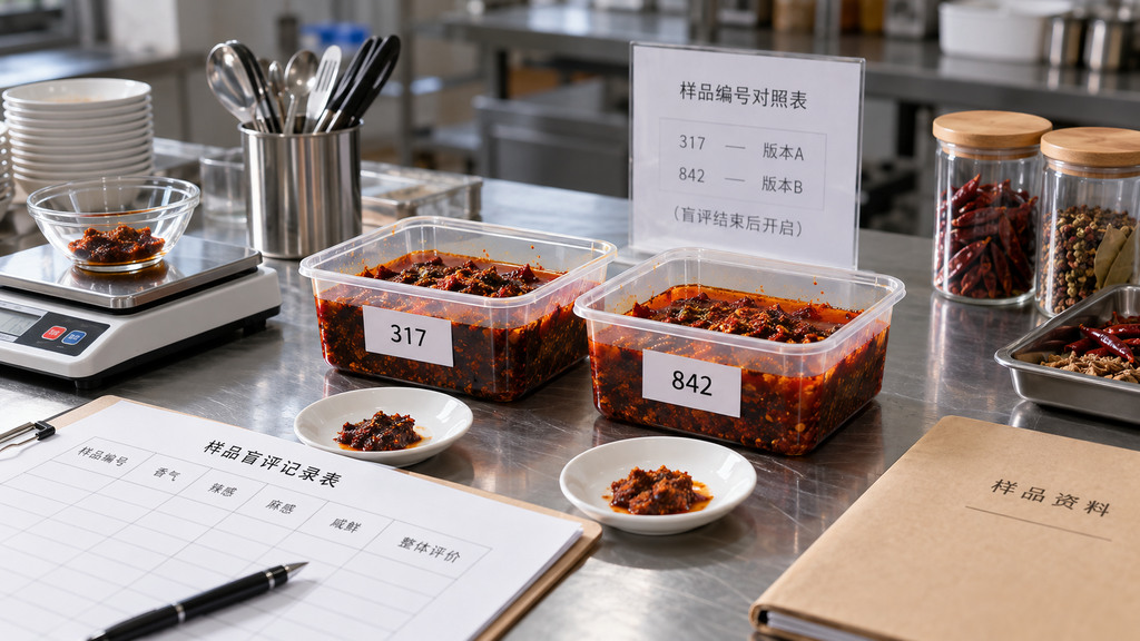 两口编号不同的火锅底料试锅在独立电磁炉上加热，前景摆放独立品尝碗、计时器与盲评记录纸，展示相同条件下的风味比较