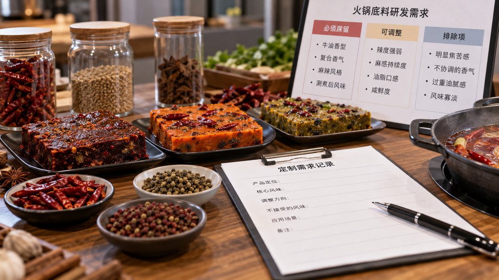 两份无品牌火锅底料试锅样品在相同锅具中进行风味对比，桌面记录卡分别列出牛油香必须保留、入口辣感可调整以及焦苦感排除要求
