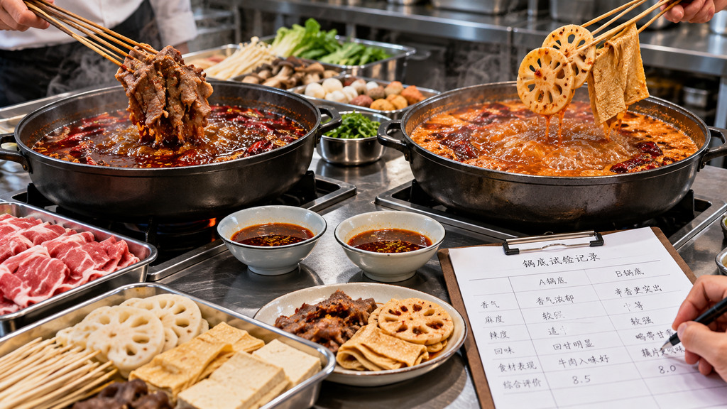 两组麻辣锅底分别涮煮牛肉串、藕片和豆皮,并记录不同轮次出品表现的试锅示意场景