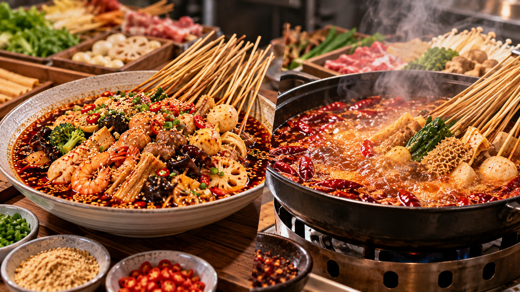 后厨试用串串香底料时，分别检查熟制串串的红油挂味与热锅串串持续涮煮后的汤底状态的示意场景