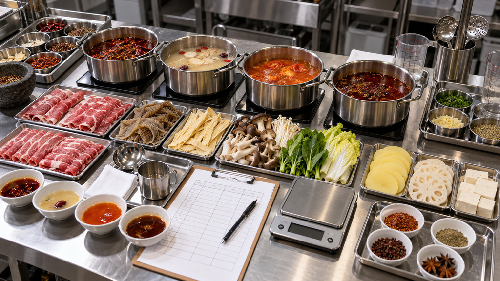 火锅门店试锅工作台上摆放不同麻度样品、牛肉毛肚豆皮及风味评价记录表的示意场景