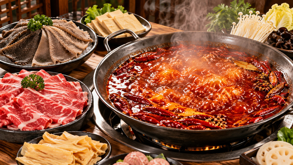 香辣牛油火锅红汤在锅中持续沸腾，旁边摆放毛肚、牛肉和豆制品，用于观察涮煮后锅底风味的示意场景