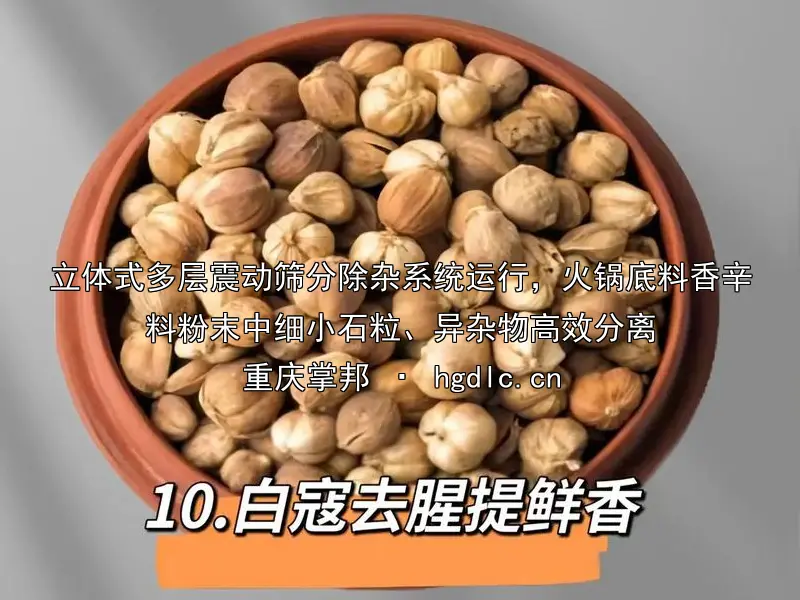 立体式多层震动筛分除杂系统运行，火锅底料香辛料粉末中细小石粒、异杂物高效分离